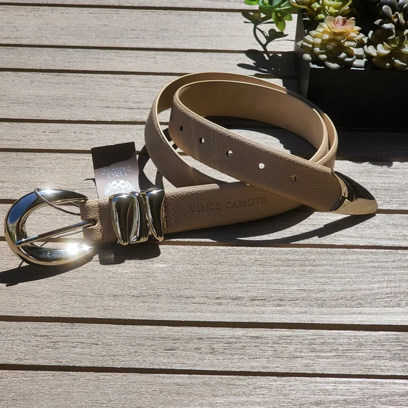 Vince Camuto Women's Sculptural Sand Faux Leather Belt Silver Buckle Size XL - Picture 5 of 9